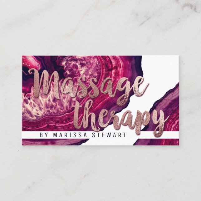 Pink Agate Geode Stone Rose Gold Massage Therapist Business Card (Front)