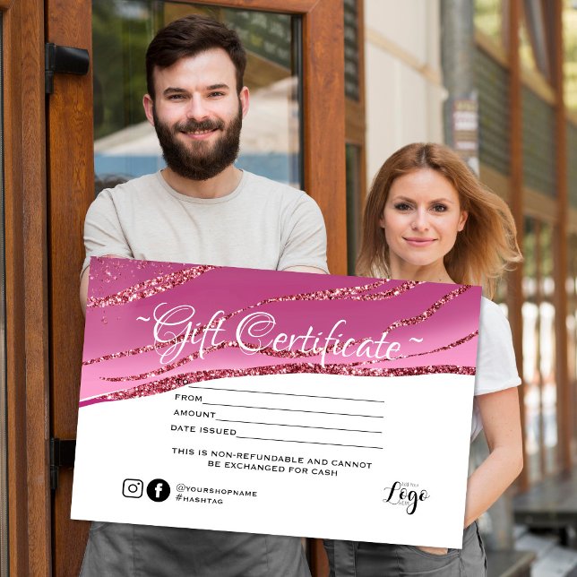 Pink Agate Gold Glitter Glam Gift Certificate (Creator Uploaded)