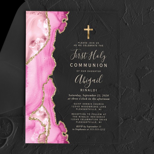 Pink Agate Gold Text Girls First Holy Communion Acrylic Invitations (Creator Uploaded)