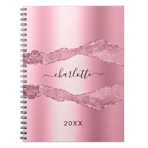 Pink agate marble name script notebook