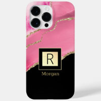 Pink Agate, Name & Monogram, Black & Gold Box