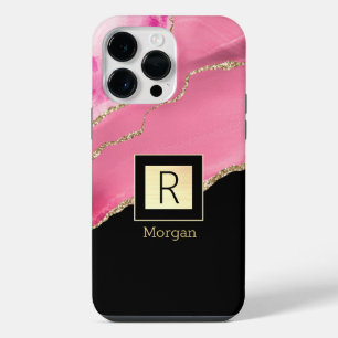 Pink Agate, Name & Monogram, Black & Gold Box iPhone 14 Pro Max Case