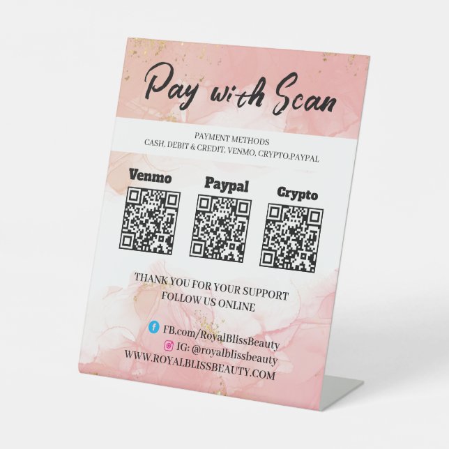 Pink Agate QR Triple Payment Table Tent Pedestal  Sign (Front)