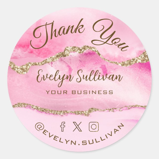 Pink Agate Thank you Classic Round Sticker (Front)