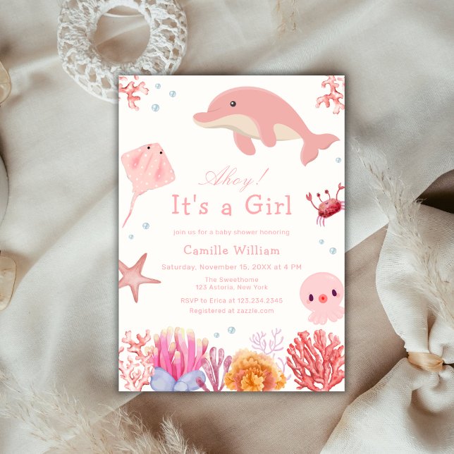 Pink Ahoy Under The Sea Dolphin Girl Baby Shower  Invitation (Pink Ahoy Under The Sea Dolphin Girl Baby Shower Invitation)