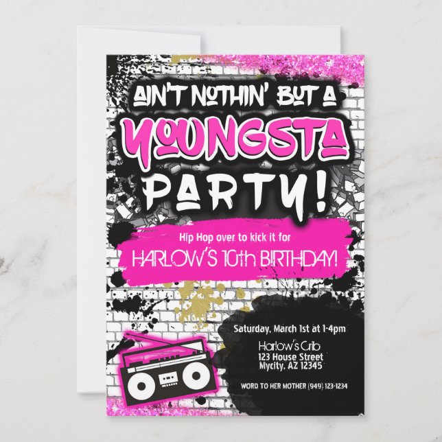 Pink Ain't Nothin' but a Youngsta Party Hip Hop  Invitation (Front)