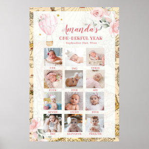 Pink Air Balloon First Year Photo Collage Post Poster