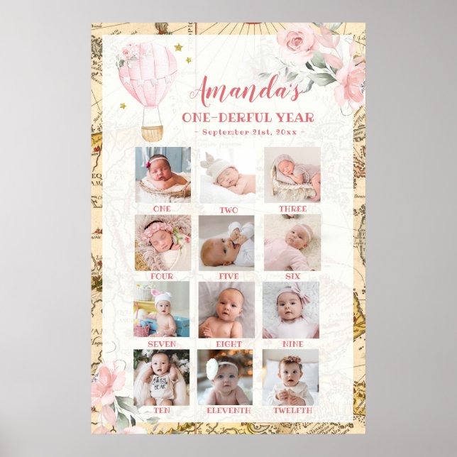 Pink Air Balloon First Year Photo Collage Post Poster (Front)