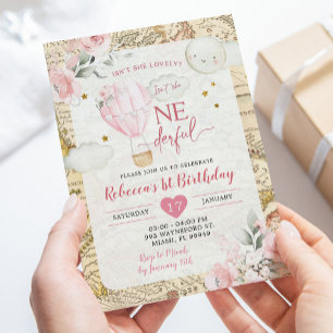 Pink Air Balloon Isn't she Onerderful Birthday Invitation