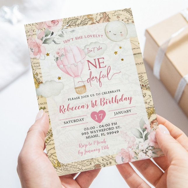 Pink Air Balloon Isn't she Onerderful Birthday Invitation (Creator Uploaded)