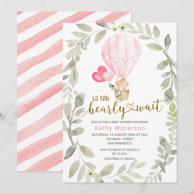 Pink Air Balloon We Can Bearly Wait Baby Shower   Invitation (Front/Back)