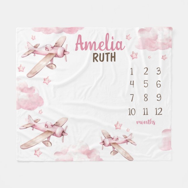 PINK AIRPLANE MILESTONE Blanket, Personalised Baby Fleece Blanket (Front (Horizontal))