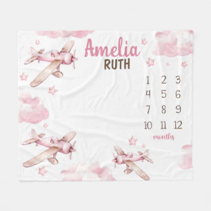 PINK AIRPLANE MILESTONE Blanket, Personalized Baby Fleece Blanket