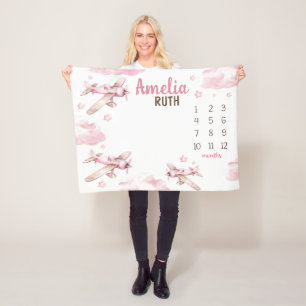 PINK AIRPLANE MILESTONE Blanket, Personalized Baby Fleece Blanket