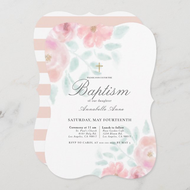 Pink Airy Roses Floral Girl Baptism Invitation (Front/Back)