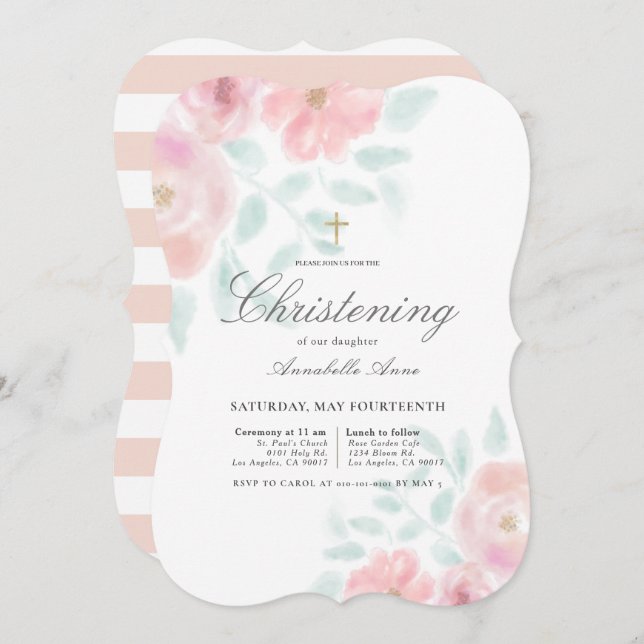 Pink Airy Roses Floral Girl Christening Invitation (Front/Back)