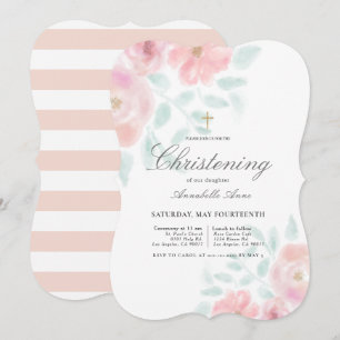 Pink Airy Roses Floral Girl Christening Invitation