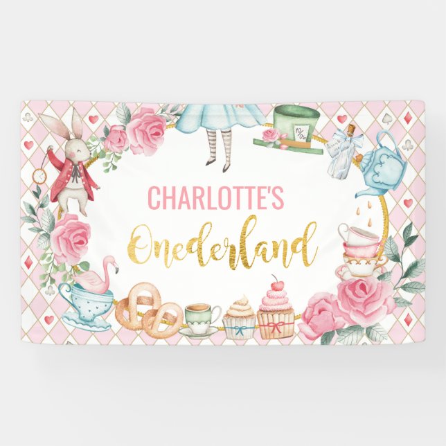 Pink Alice in Onederland 1st Birthday Backdrop Banner (Horizontal)