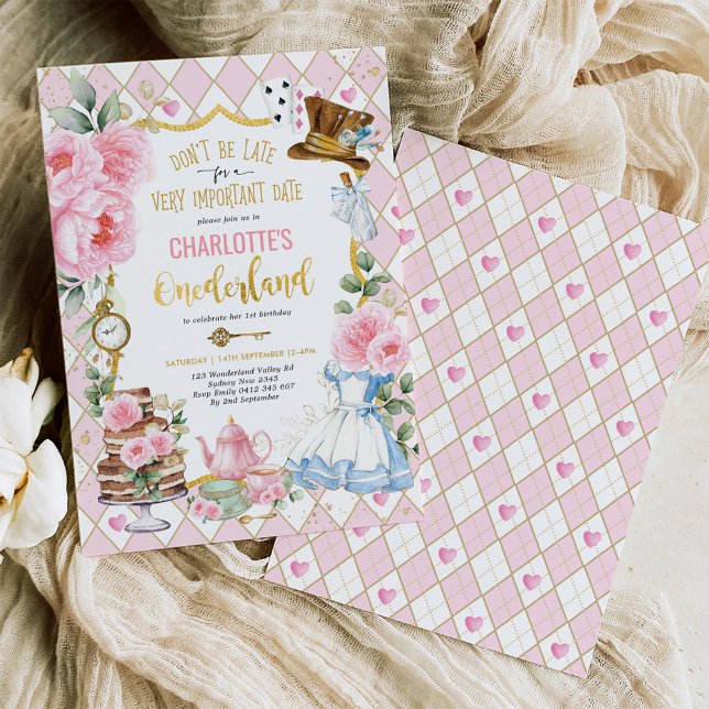 Pink Alice in Onederland 1st Birthday Tea Party Invitation (Creator Uploaded)