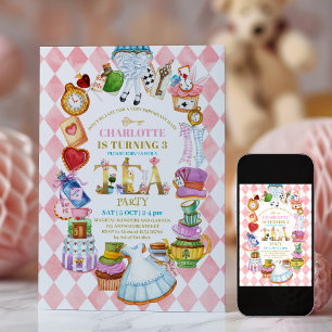 Pink Alice in Wonderland 3rd birthday Invitation