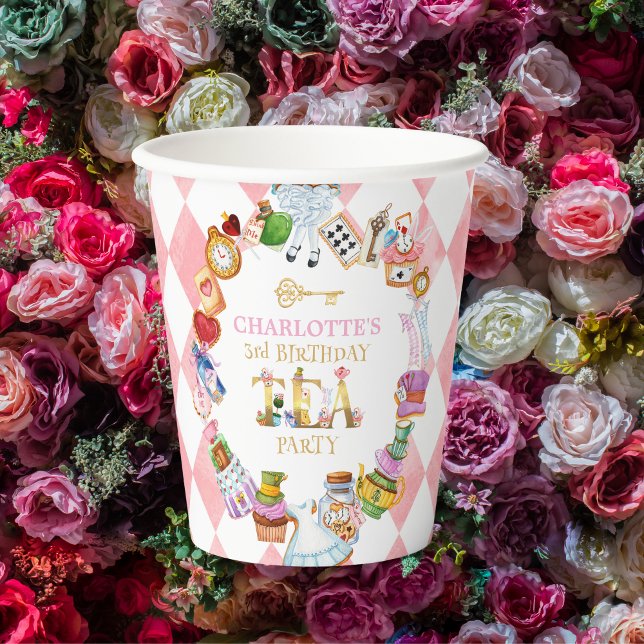 Pink Alice in Wonderland 3rd birthday Paper Cups (Creator Uploaded)