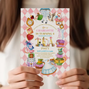 Pink Alice in Wonderland 4th birthday Invitation