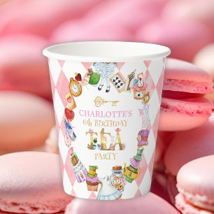 Pink Alice in Wonderland 6th birthday Paper Cups