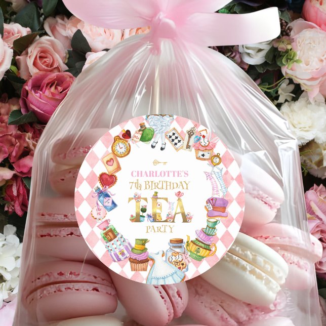 Pink Alice in Wonderland 7th Birthday   Classic Round Sticker (Creator Uploaded)