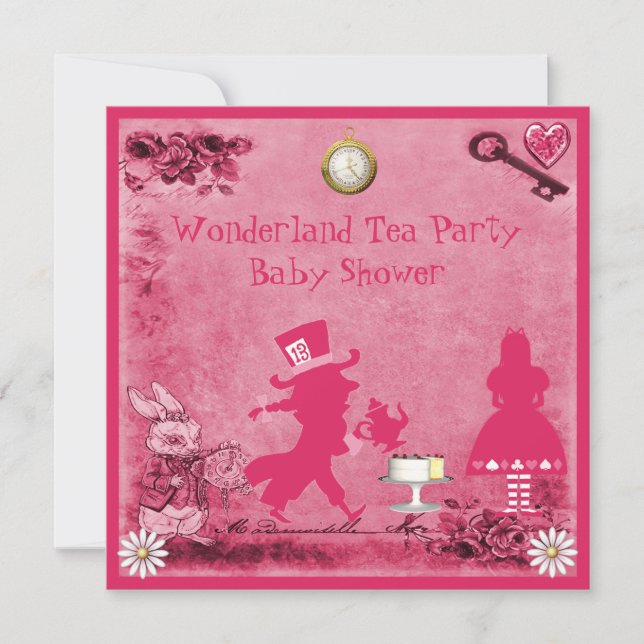 Pink Alice in Wonderland Tea Party Baby Shower Invitation (Front)