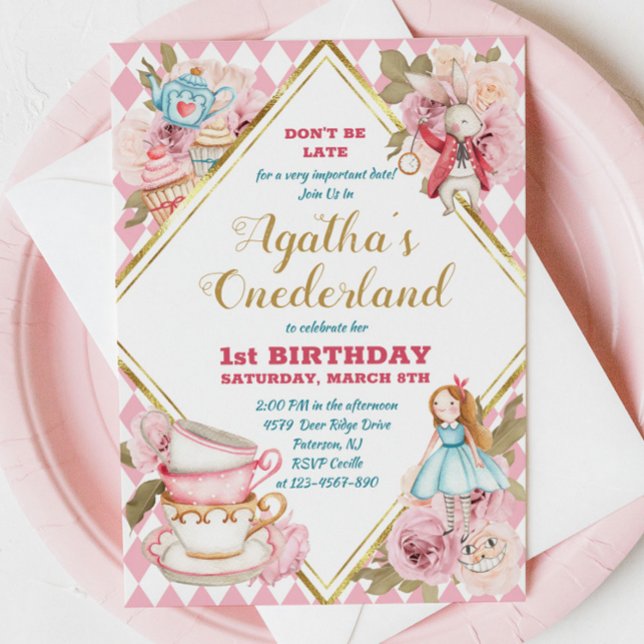 Pink Alice in Wonderland Tea Party Birthday Invita Invitation (Creator Uploaded)