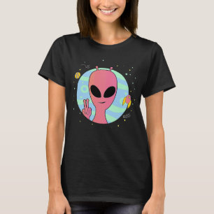 Pink Alien Peace Sign Hand UFO Spaceship Planets T-Shirt
