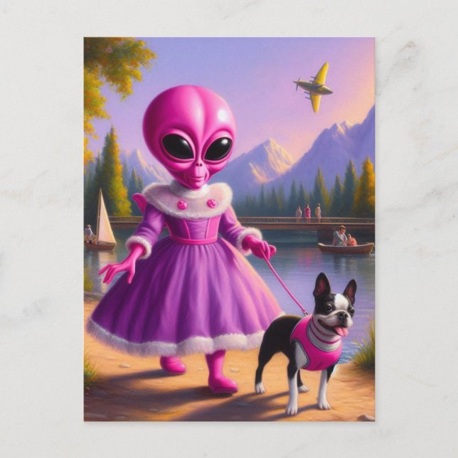 Pink Alien Walking Her Boston Terrier at Lake Postcard (Front)