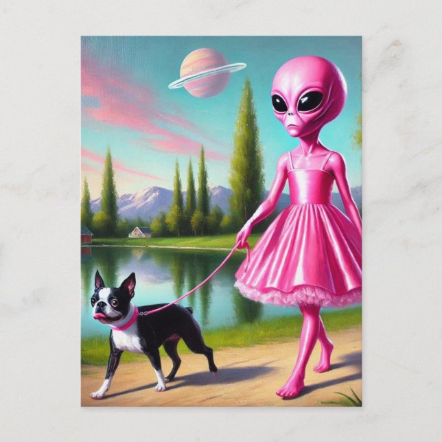 Pink Alien Walking Her Boston Terrier Postcard (Front)