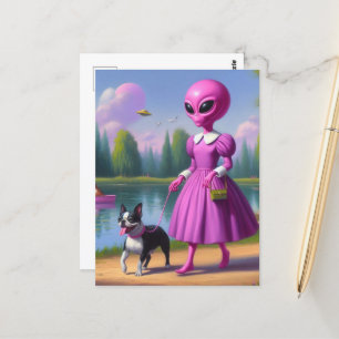 Pink Alien Walks Her Boston Terrier Postcard