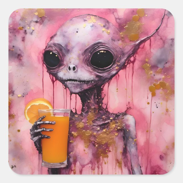 Pink Alien With An Orange Juice Square Sticker (Front)