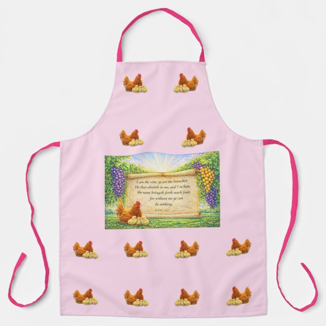 Pink All-Over Apron with Chickens & Bible Verse (Front)