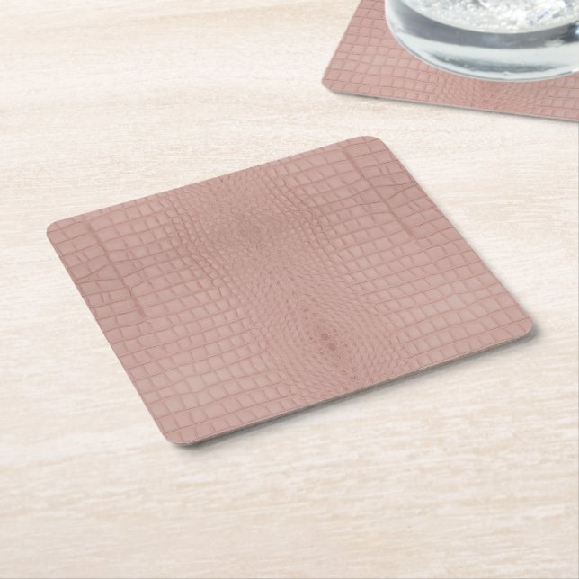 Pink Alligator Texture Print Square Paper Coaster (Angled)