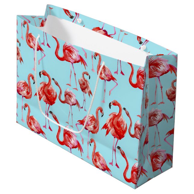 Pink Aloha Flamingo Bird Pattern on Teal Large Gift Bag (Front Angled)