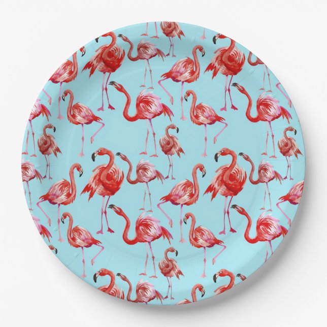 Pink Aloha Flamingo Bird Pattern on Teal Paper Plate (Front)