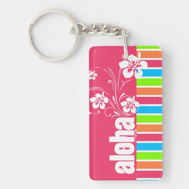 Pink Aloha; Retro Neon Rainbow Key Ring (Front)