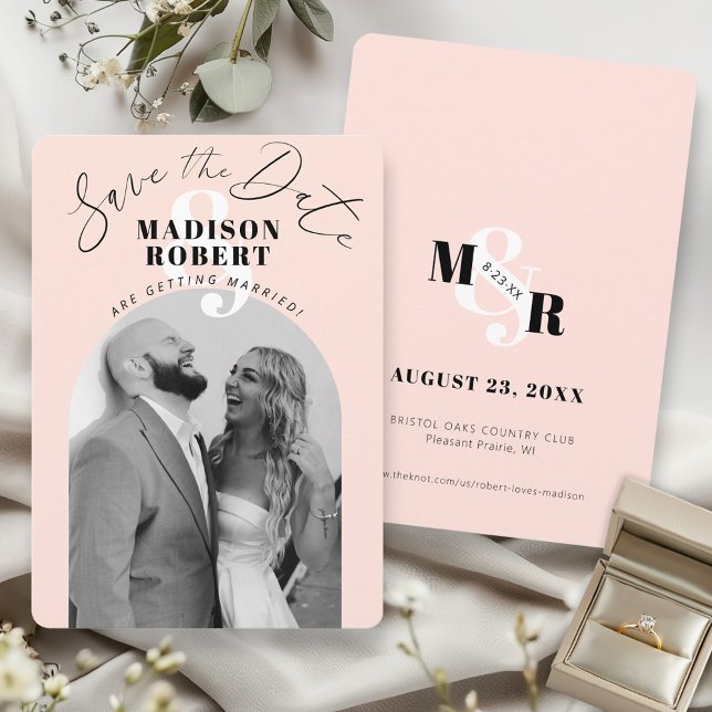 Pink Ampersand Black & White Photo Arch Wedding Save The Date (Unique Blush pink ampersand monogram black and white arch photo modern wedding save the date card)