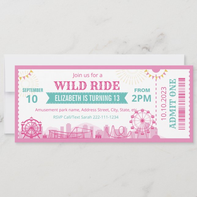 Pink Amusement Park Birthday Invitation Ticket  (Front)