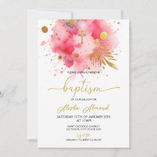 Pink an Gold Watercolor Baptism Invitation