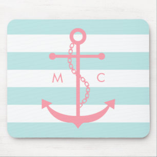 Pink Anchor and Monogram on Mint Stripes Mouse Pad