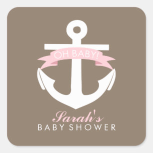 Pink Anchor and Ribbon Baby Shower Square Sticker