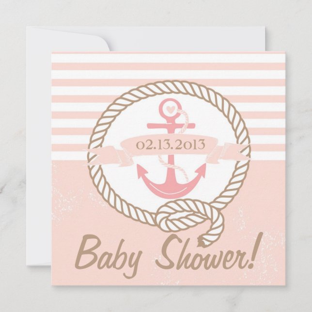 Pink Anchor Banner Nautical Baby Shower Invitation (Front)