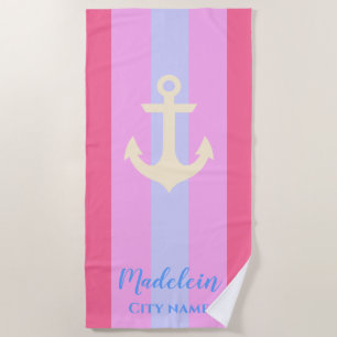 Pink Anchor Modern Nautical Stripes Custom Name Beach Towel