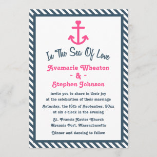 Pink Anchor Nautical Navy Blue Stripe Wedding Invitation