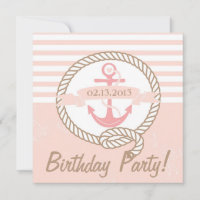 Pink Anchor Stripes Nautical Birthday Invitation