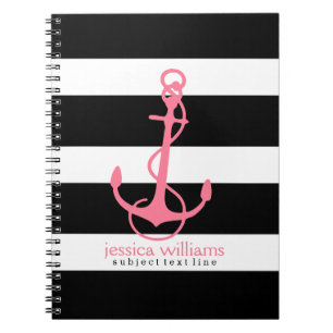 Pink Anchor With Black On White Stripes Notebook